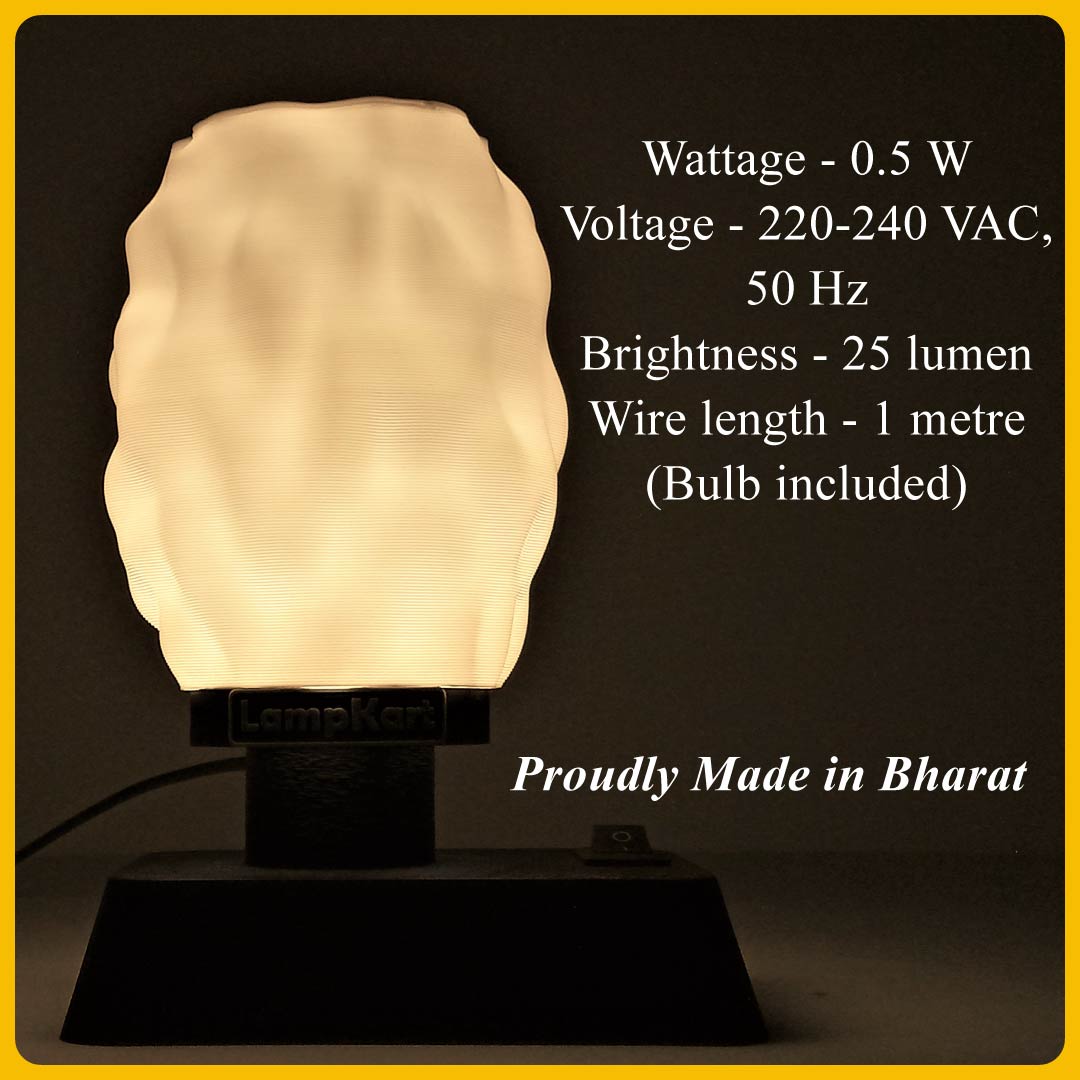 Cloud TableLamp in warm white color - close up front view of cloud lampshade in warm white color with technical information and showcasing proudly made in Bharat.